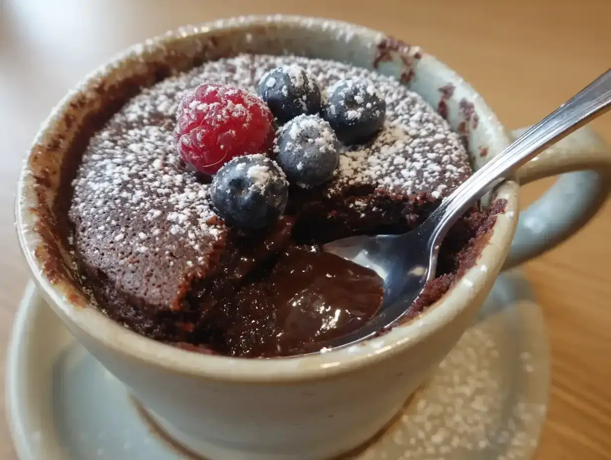 Chokladig mug cake med hallon och blåbär, pudrad med florsocker. En sked är redo att dyka ner i den smältande chokladen.
