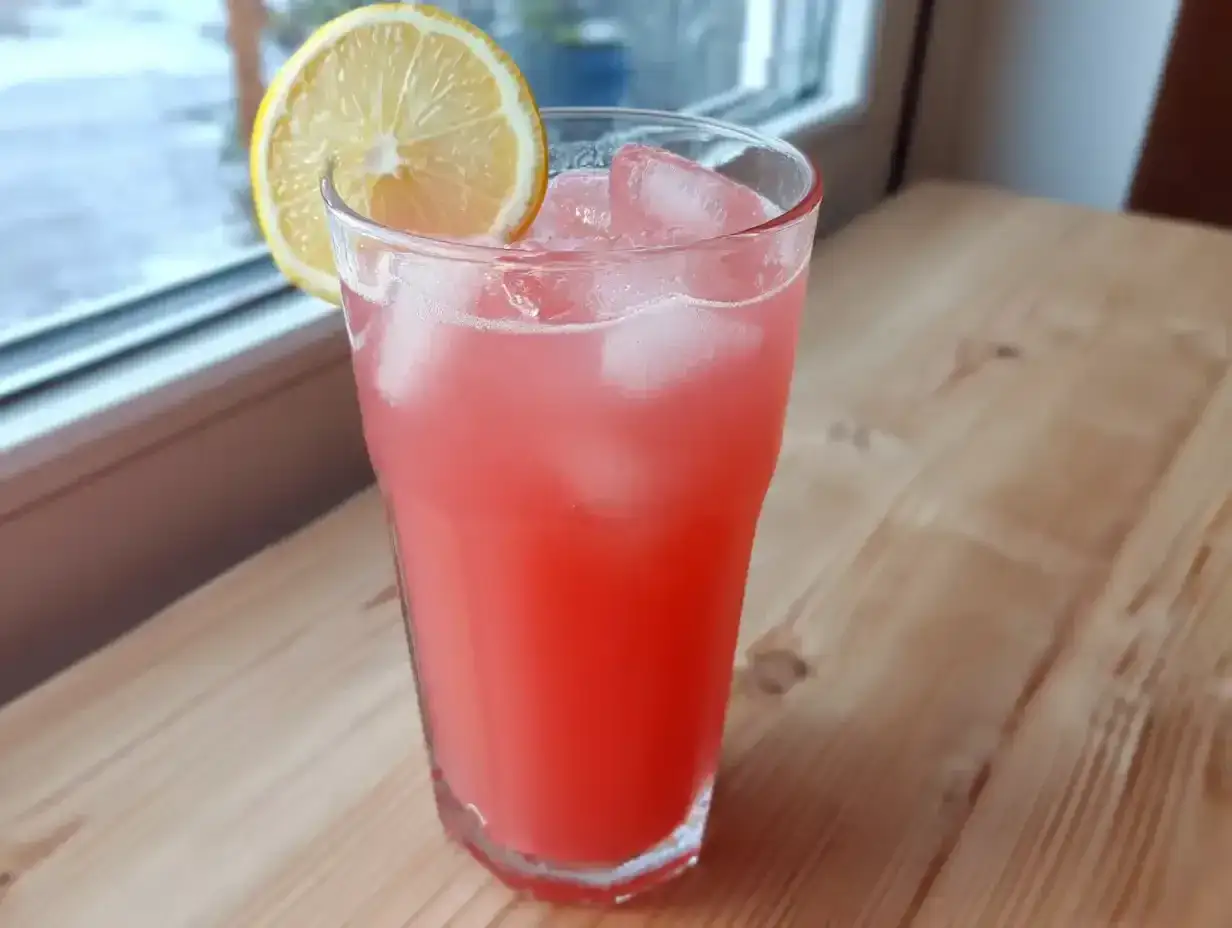 Ett glas rosa rabarbersaft med is och en citronskiva, perfekt för ett enkelt rabarbersaft recept.