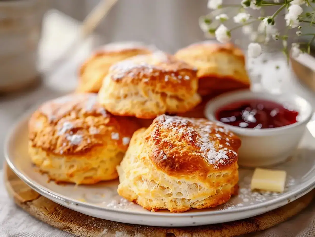 Färska scones, ett perfekt scones grundrecept, serveras med sylt och smör.
