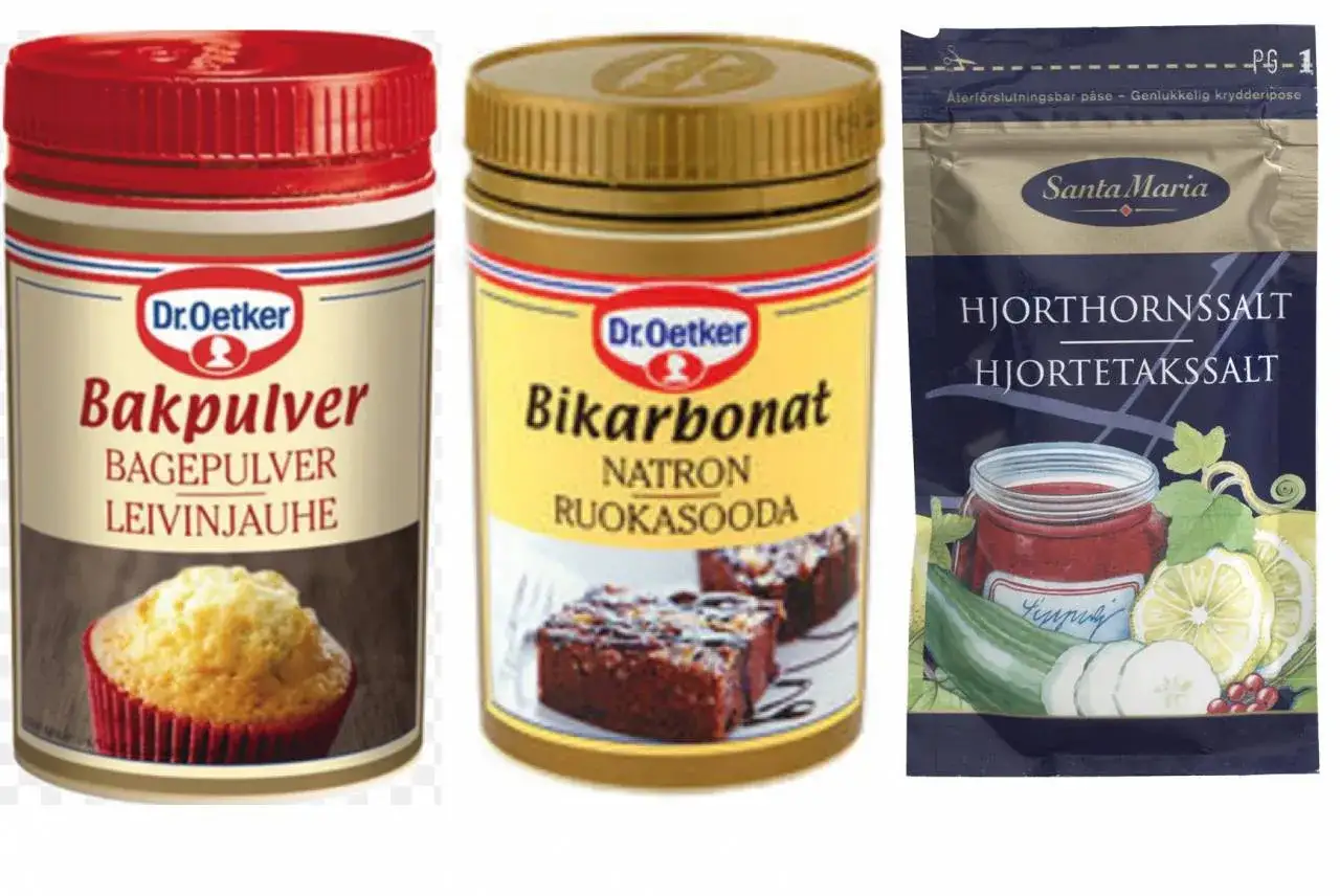 Dr. Oetker Bakpulver och Bikarbonat, samt Santa Maria Hjorthornssalt. Se upp för för mycket bakpulver, det kan ge en metallisk smak!