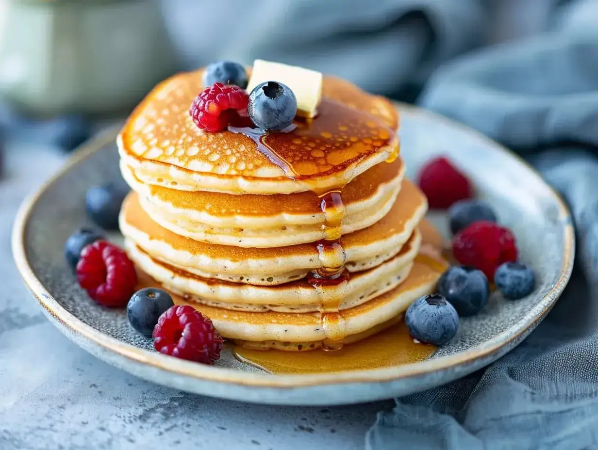 En hög med fluffiga pannkakor, toppad med smör, sirap och färska bär. Perfekt för frukost eller brunch, och ja, kan man frysa in pannkakor för senare njutning!
