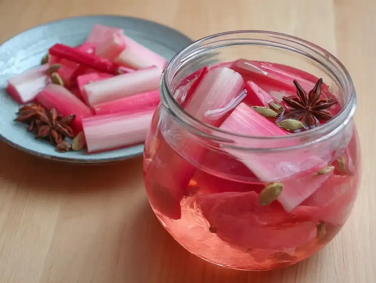 Rabarberbitar i en glasburk med rosa vätska, kardemumma och stjärnanis. En tallrik med liknande innehåll står bredvid. En härlig rabarber sirap!