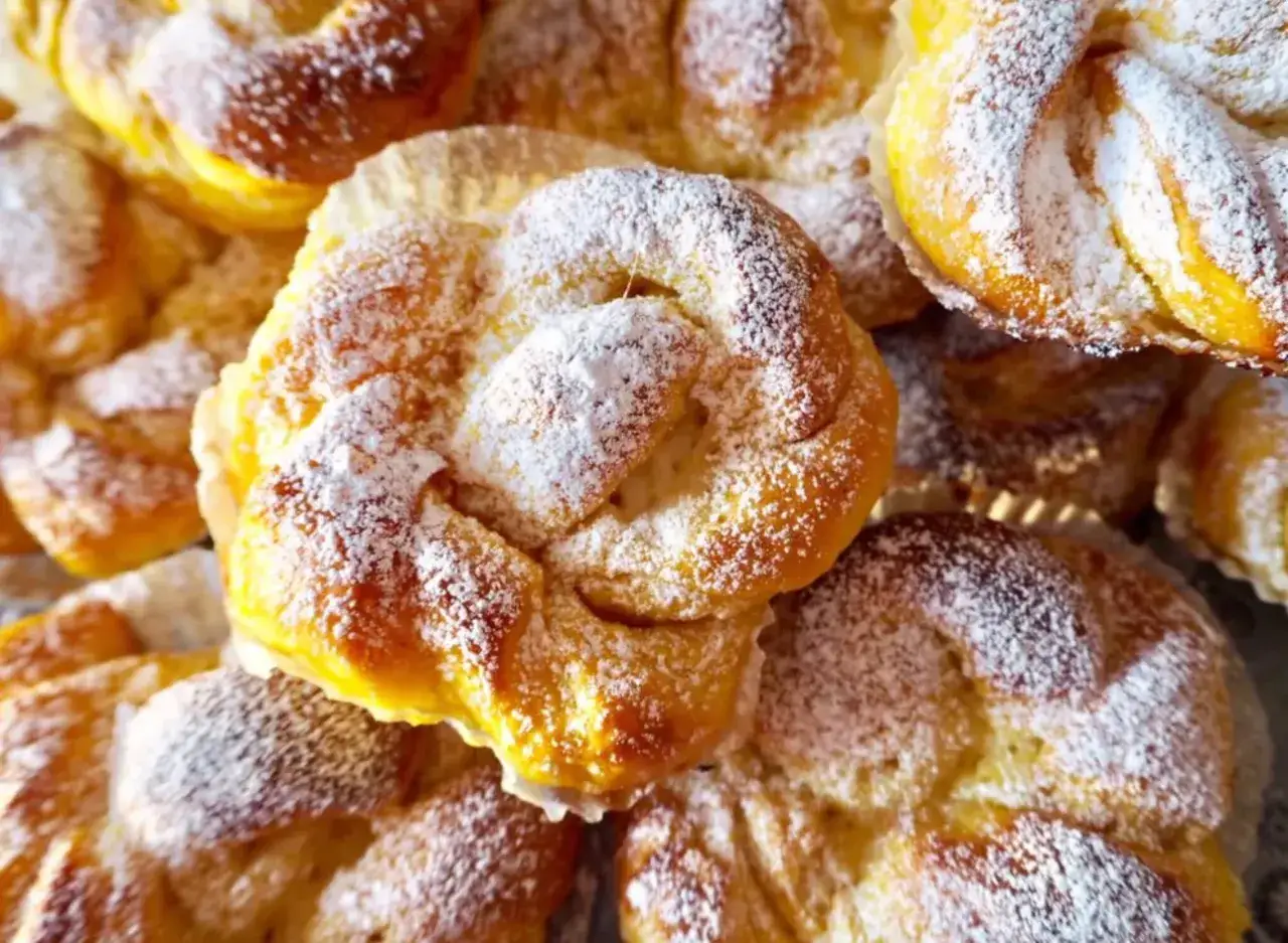 En hög med saftiga lussebullar, pudrade med florsocker. Perfekt för fikat!