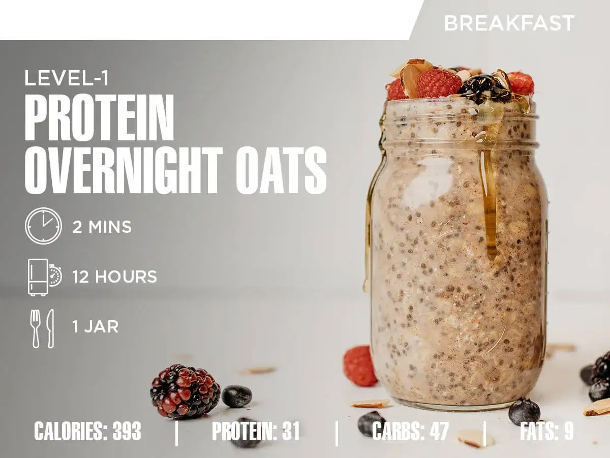 En burk med protein overnight oats, toppad med bär och nötter. Perfekt frukost med proteinpulver för en energifylld start.
