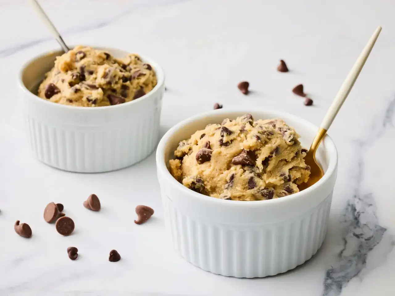 Tv&aring; sk&aring;lar med ljuvlig cookie dough, perfekt f&ouml;r ett enkelt cookie dough recept. Chokladbitar sprider sig runt sk&aring;larna.