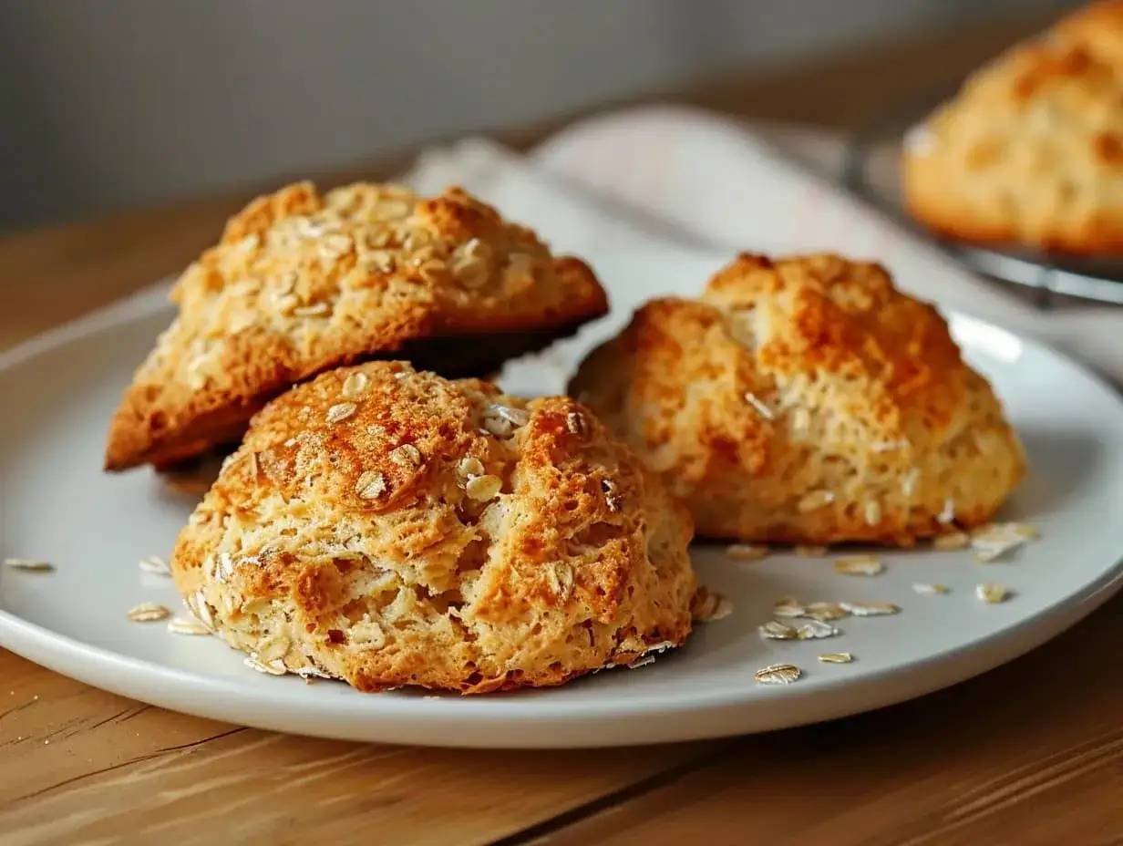 Gyllene scones med jäst, toppade med havregryn, ligger på en vit tallrik. Perfekta för fikat!