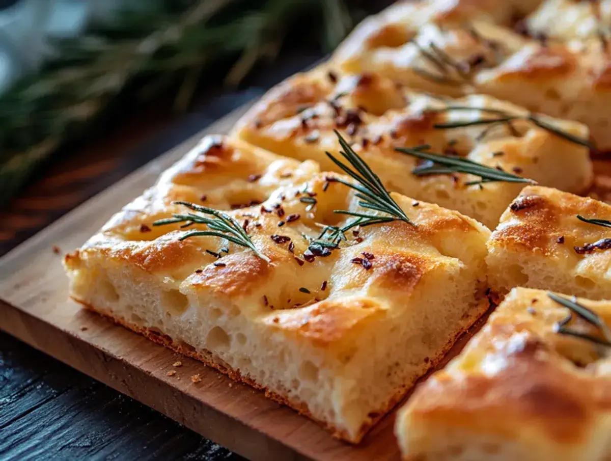 Focaccia recept: Nybakat, gyllene focaccia med rosmarin och flingsalt, skuren i bitar p&aring; en tr&auml;sk&auml;rbr&auml;da.