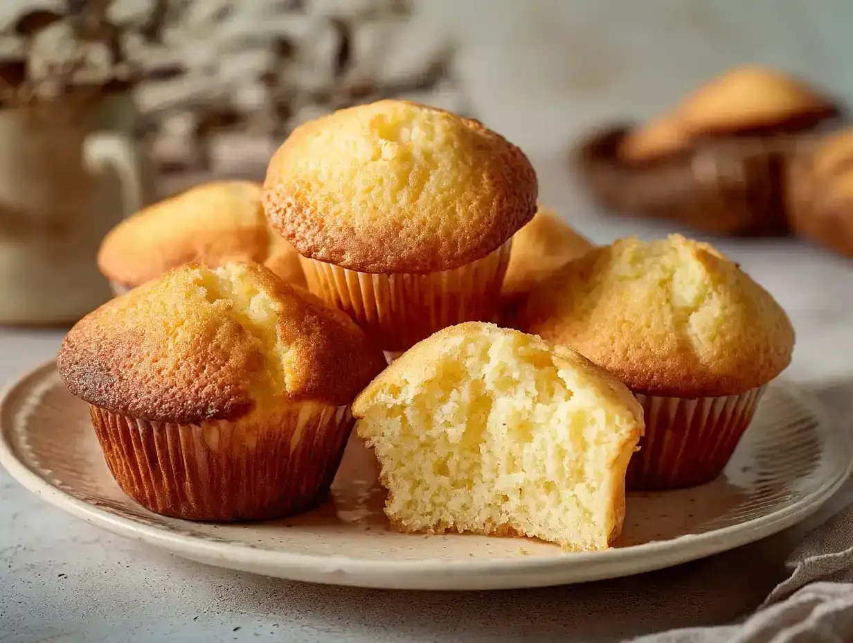 En hög med gyllene muffins på en tallrik, ett perfekt muffins recept för fika. En är delad och visar en fluffig insida.