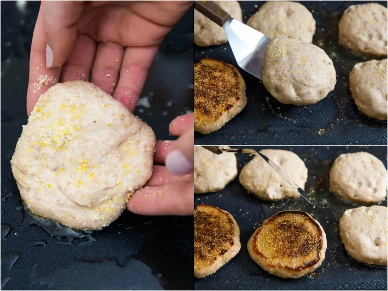 H&auml;r &auml;r ett steg i ett english muffin recept: deg formas och steks gyllene p&aring; en platta.