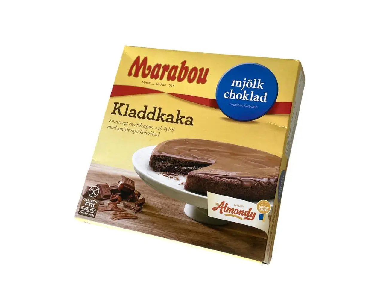 Marabou Kladdkaka med mjölkchoklad. Perfekt för dig som undrar om man kan frysa kladdkaka – denna är redan fryst och glutenfri!