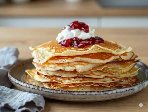 En hög med fluffiga pannkakor toppas med vispgrädde och sylt. Perfekt för en frukost eller fika, och ja, man kan frysa in pannkakor för senare njutning!