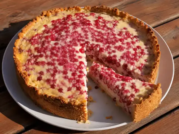 En saftig paj med röda vinbär och en krämig fyllning, perfekt att baka med creme fraiche. En bit är redan uppskuren.
