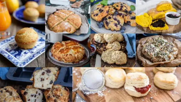 En härlig samling av scones och tillbehör, från klassiska blåbärsscones till ostiga varianter och söta muffins. Perfekt för fikat!