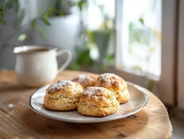 Färska scones med lite florsocker på, serverade på en tallrik bredvid en mjölkkanna med kaffe. En mysig fika.