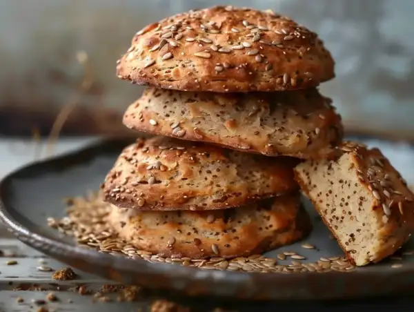 En stapel hembakade scones med russin, toppade med solrosfrön och linfrön. En bit är avskuren för att visa det saftiga inkråmet.