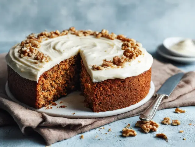En saftig morotskaka med krämig frosting och valnötter, redo att avnjutas. Perfekt för ett enkelt morotskaka recept.