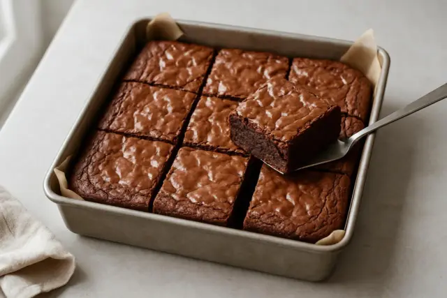Nybakade brownies i form, redo att serveras. Ett perfekt brownie recept för fikat.